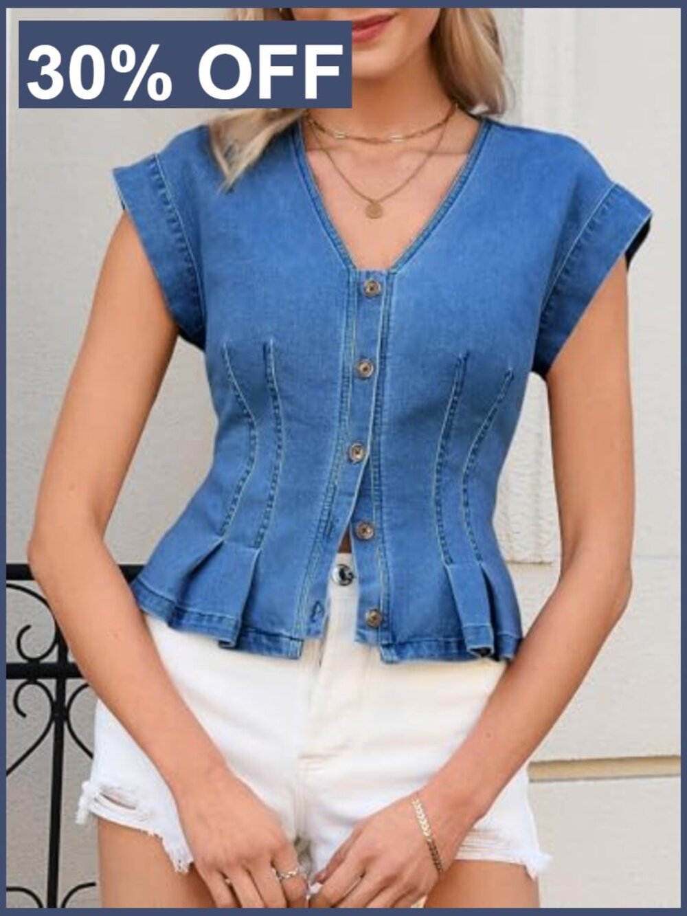V Neck Denim Vest Top, Sleeveless Jean Vest, Pleated Hem, Casual Y2K Fitted - Picture 3 of 7